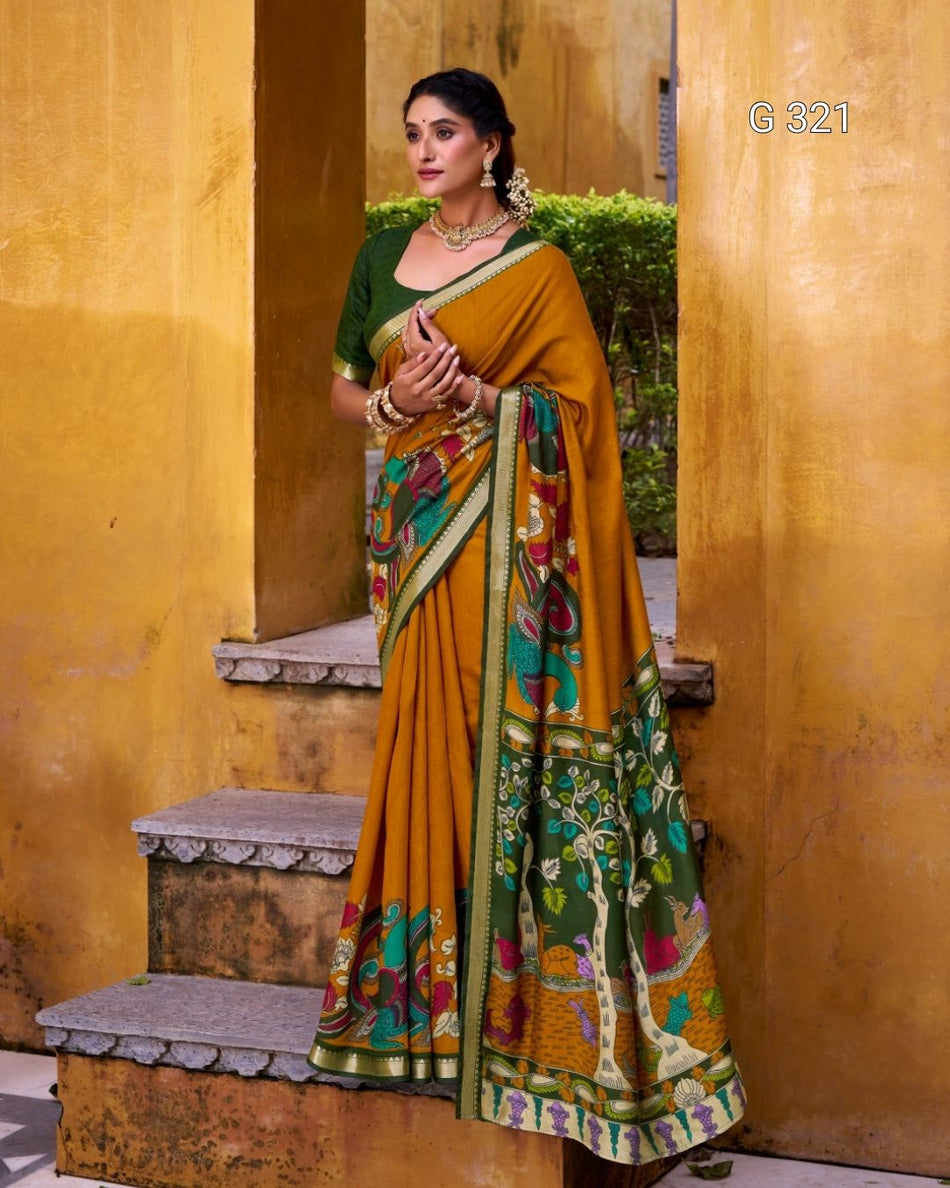 Polyester Viscose Chanderi Saree with Kalamkari & Zari Work – G 321