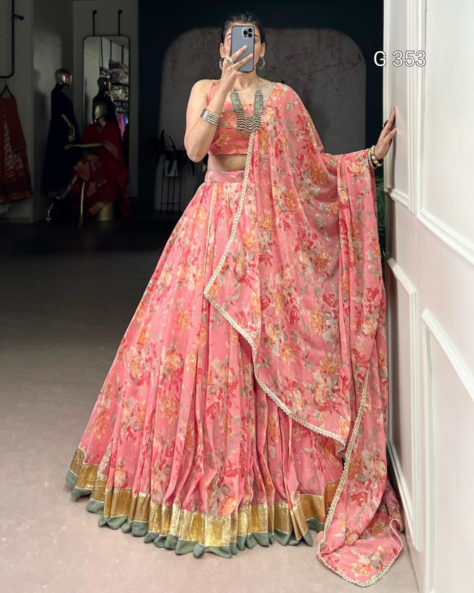 Chiffon Lehenga with Floral & Foil Print – Stitched Set - G 353