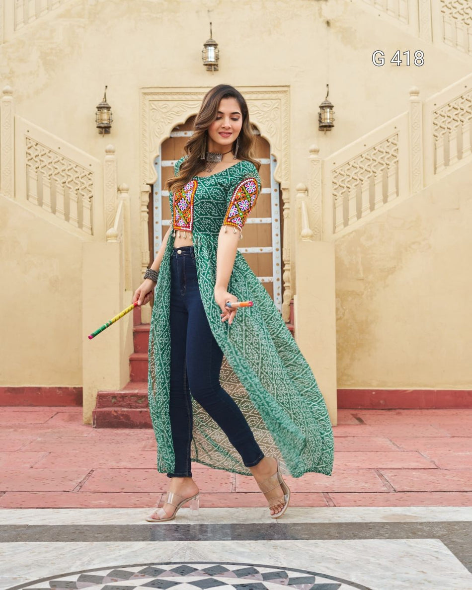 Bandhani Print Faux Georgette Kurti with Kutchi Patchwork – G 418