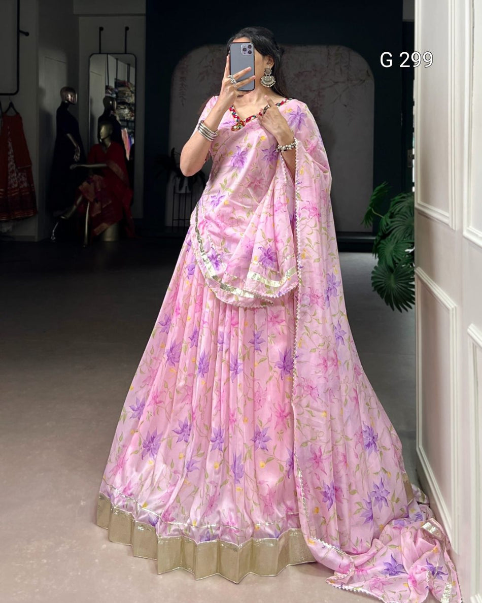 Floral Print Tabby Silk Lehenga with Lace & Mirror Work – G 299