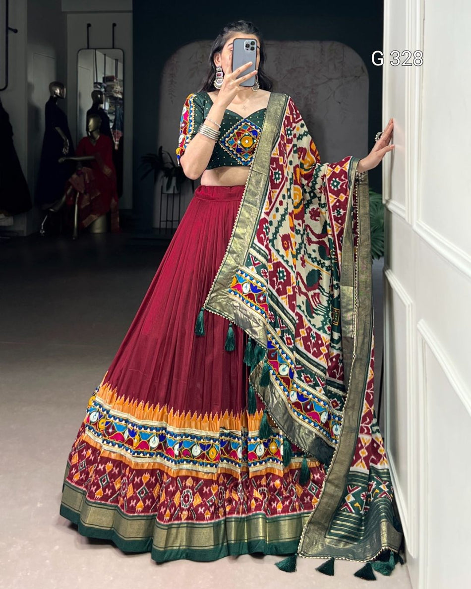 Tasar Silk Lehenga with Foil & Real Mirror Gamthi Work – G 328