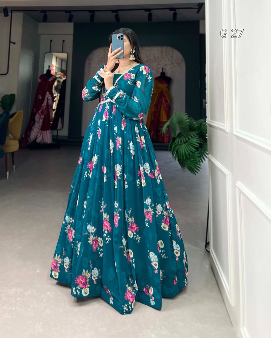 Firozi Georgette Gown with Floral Print & Lace Border – G 27 Firozi