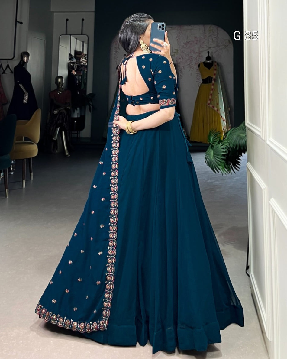 Georgette Lehenga with Sequins & Thread Embroidery Work – G 85 Firozi