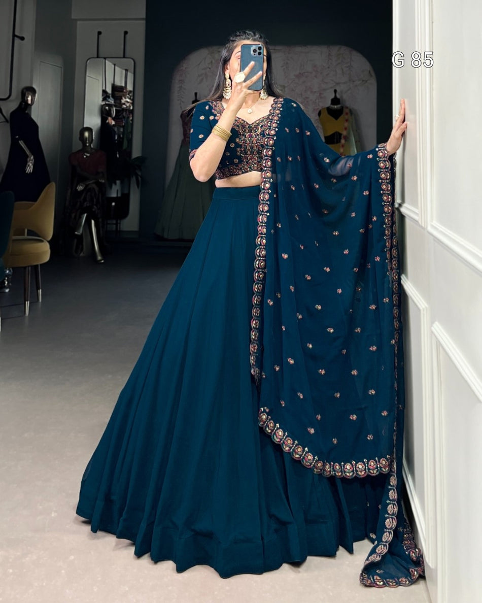 Georgette Lehenga with Sequins & Thread Embroidery Work – G 85 Firozi
