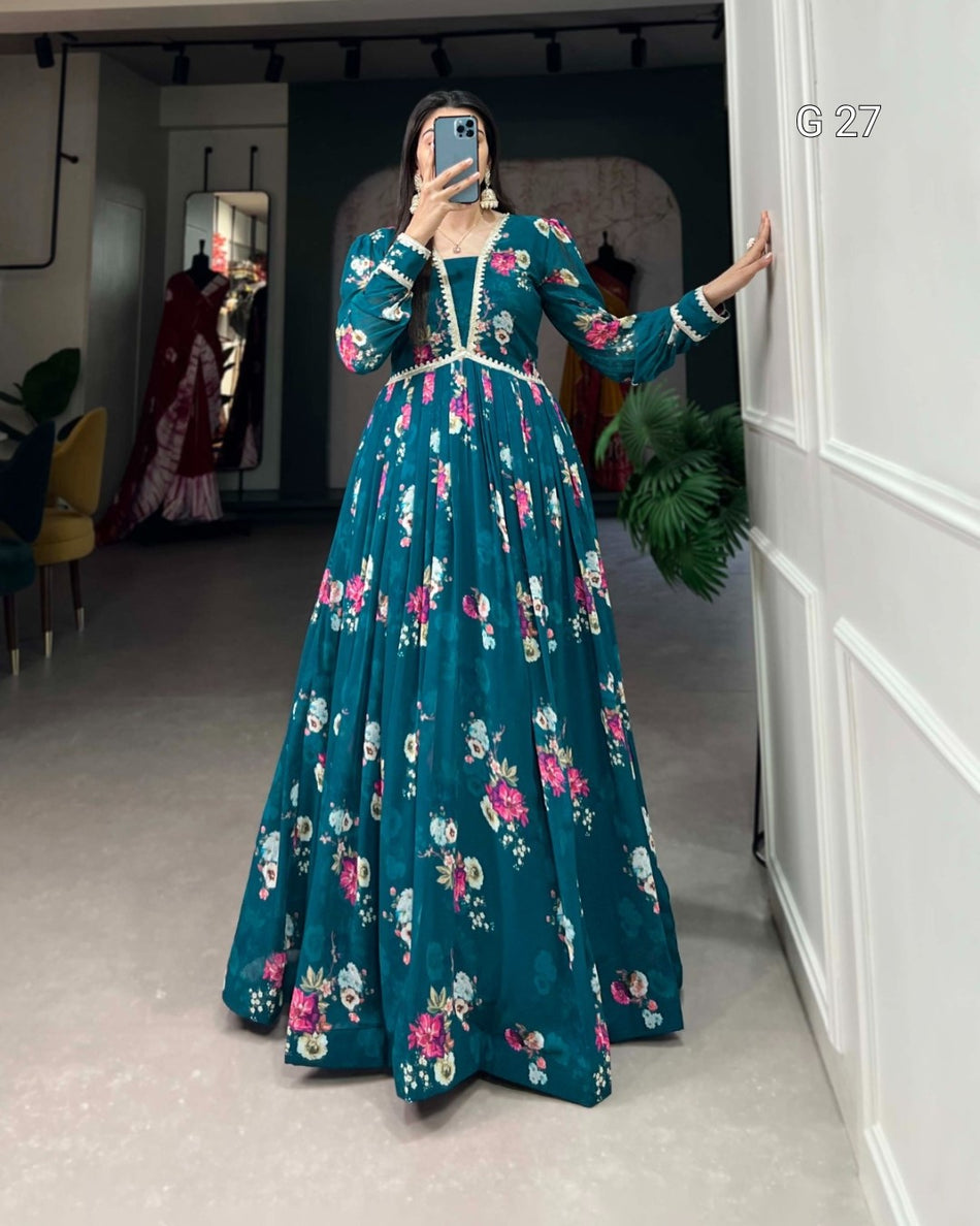 Firozi Georgette Gown with Floral Print & Lace Border – G 27 Firozi