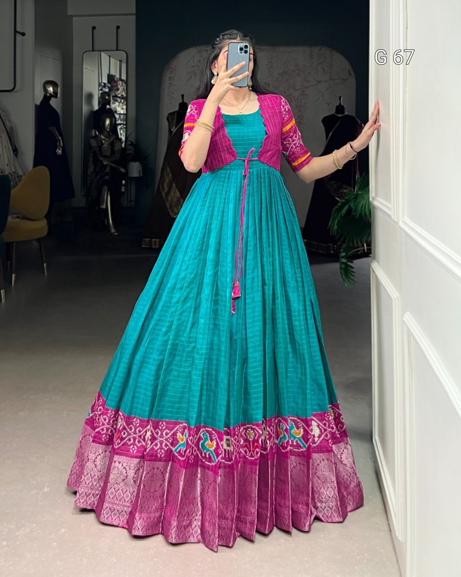 Tasar Chex Gown with Patola Print & Weaving Work Border – G 67 Firozi