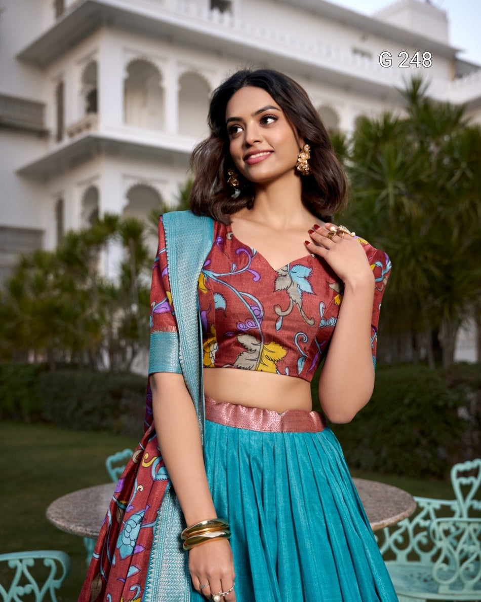 Kalamkari Printed Dola Silk Lehenga with Zari Weaving Border – G 248 Firozi