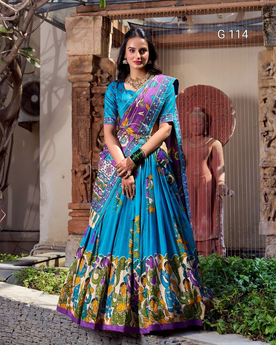 Tussar Silk Lehenga with Foil Work & Kalamkari Print Dupatta – G 114 Firozi
