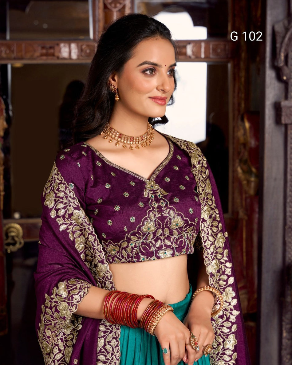 Tussar Silk Lehenga with Foil Work – G 102 Firozi