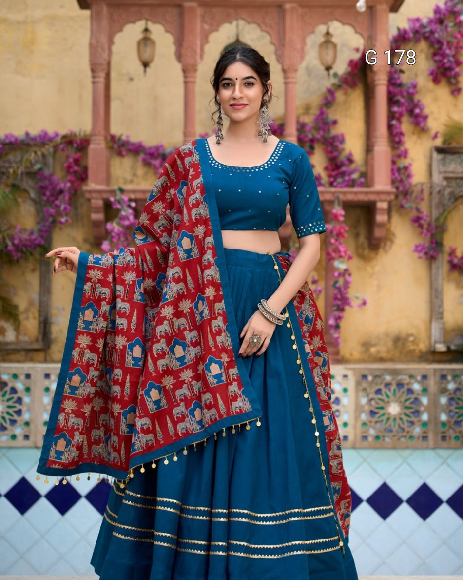 Pure Cotton Lehenga with Gota Patti Touch-Up & Real Mirror Work, Coin Lace Border Dupatta – G 178