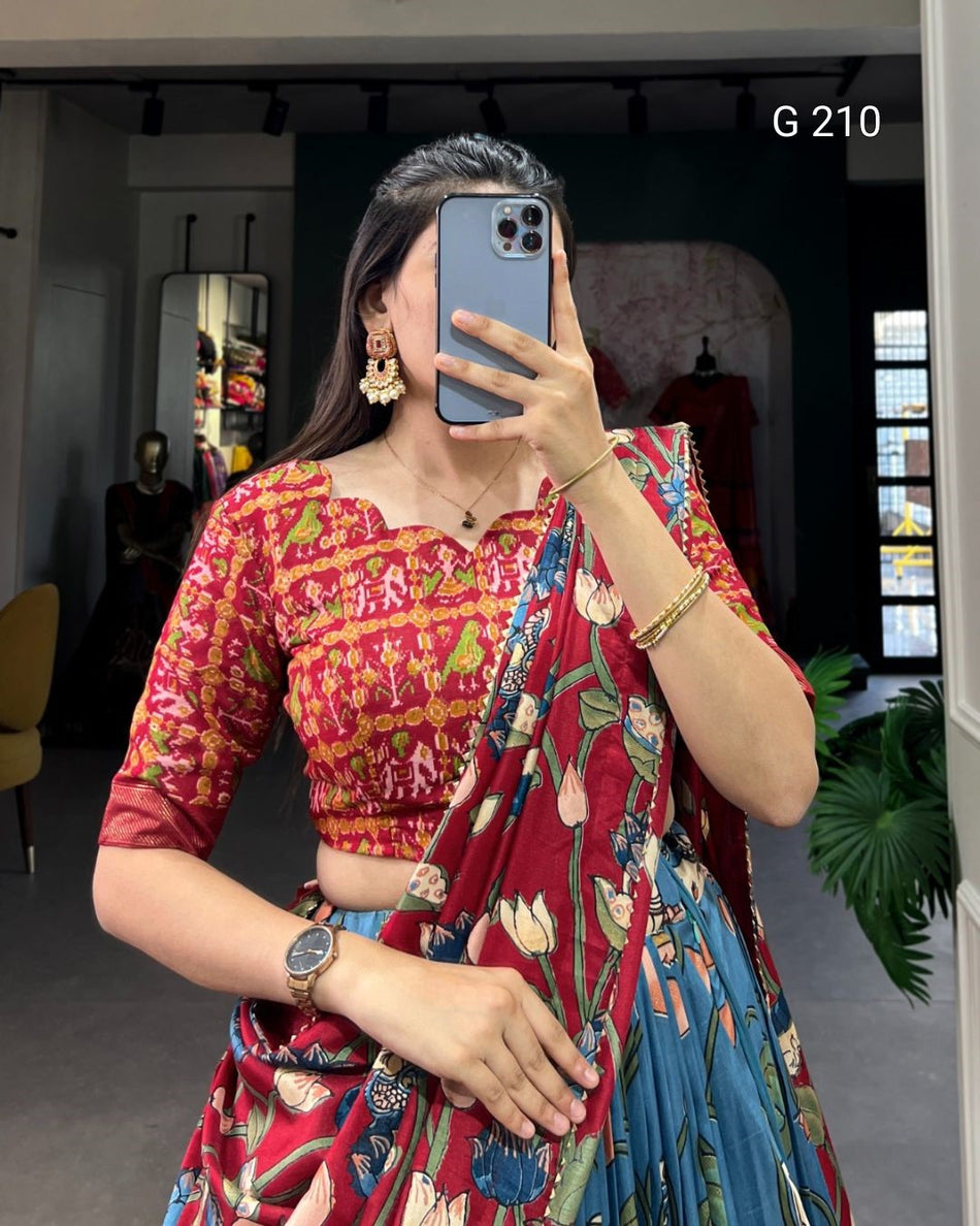 Pichwai Patola Print Tussar Silk Lehenga with Zari Weaving Border – G 210 Firozi