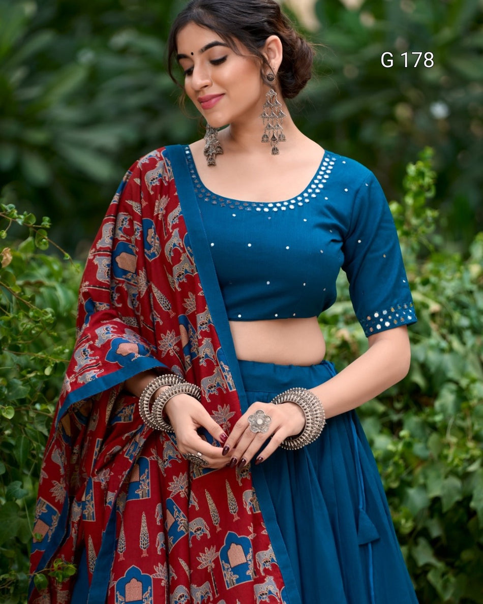 Firozi Pure Cotton Lehenga with Gota Patti Touch-Up & Real Mirror Work, Coin Lace Border Dupatta – G 178 Firozi