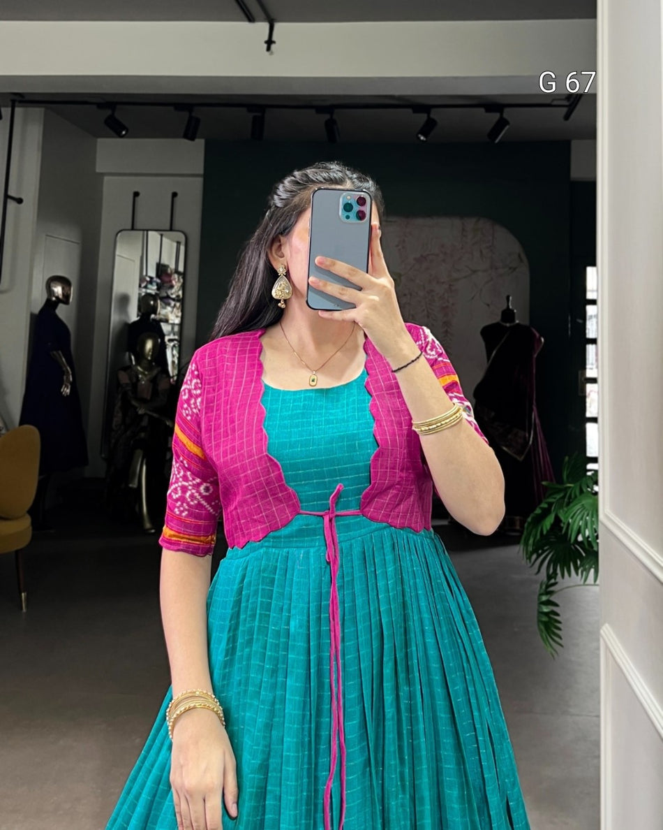 Tasar Chex Gown with Patola Print & Weaving Work Border – G 67 Firozi