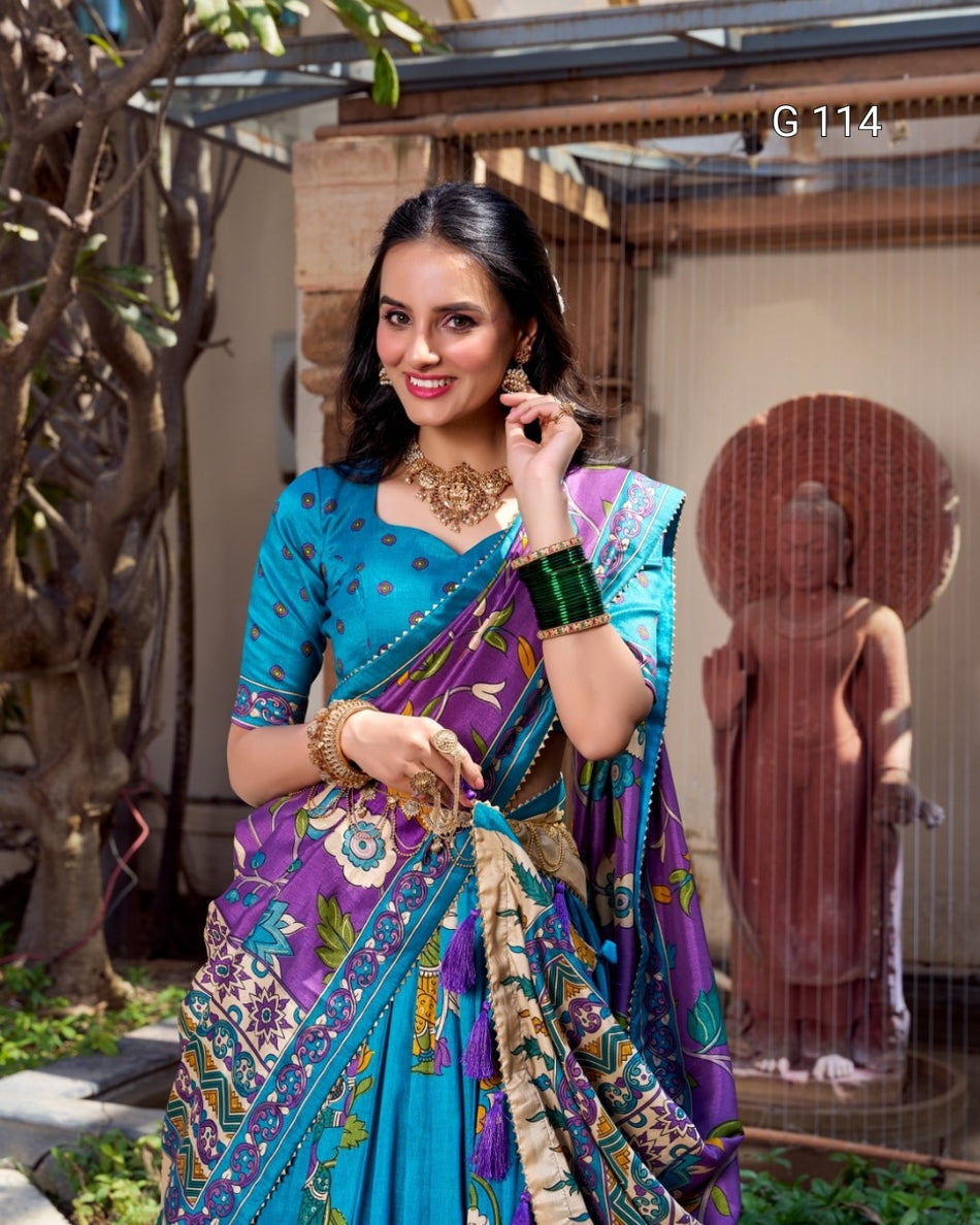 Tussar Silk Lehenga with Foil Work & Kalamkari Print Dupatta – G 114 Firozi