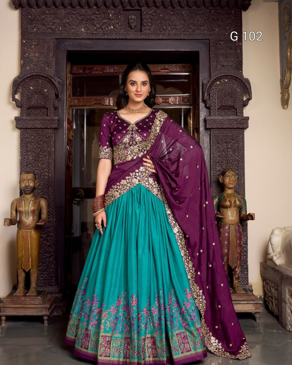 Tussar Silk Lehenga with Foil Work – G 102 Firozi