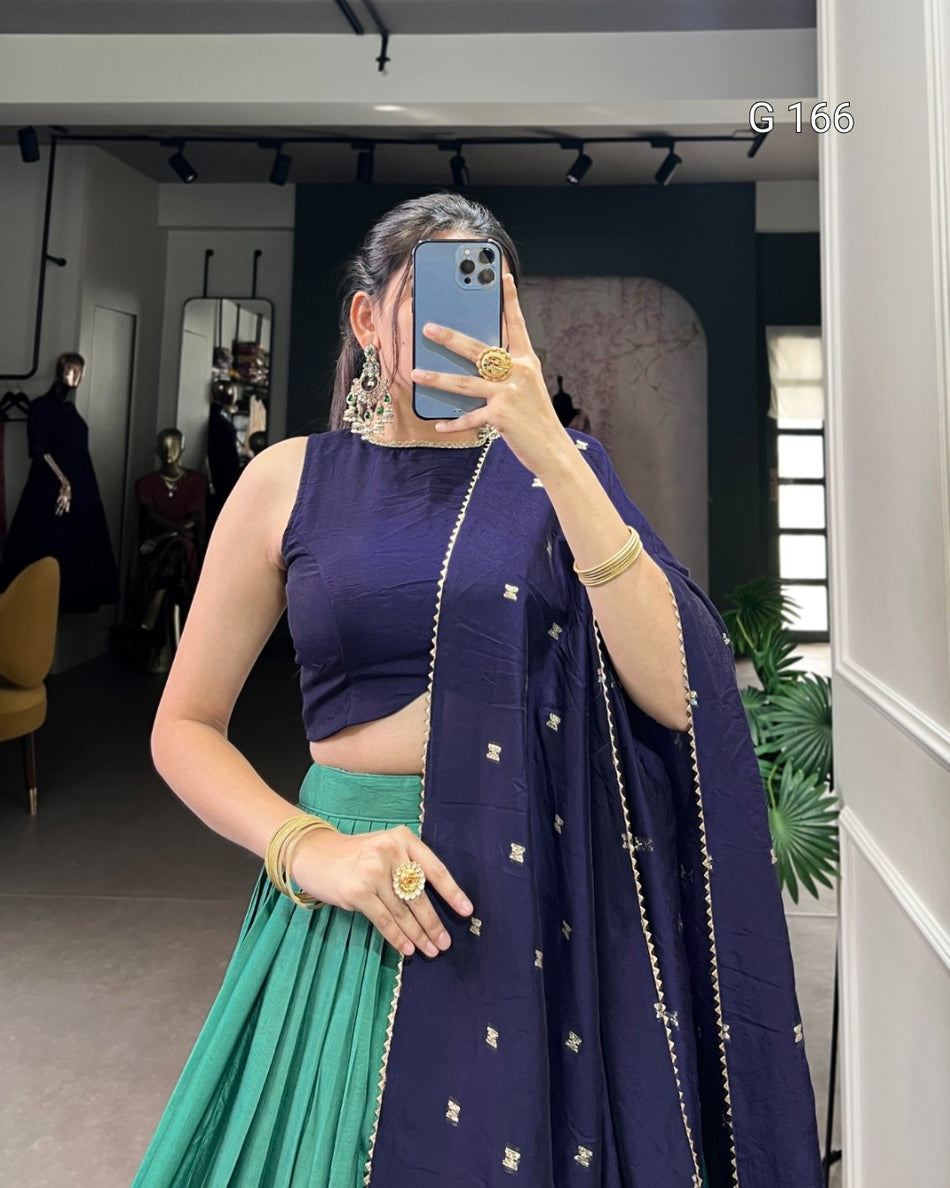 Firozi Pure Chanderi Lehenga with Zari Weaving & Lace Touch-Up Dupatta - G 166 Firozi