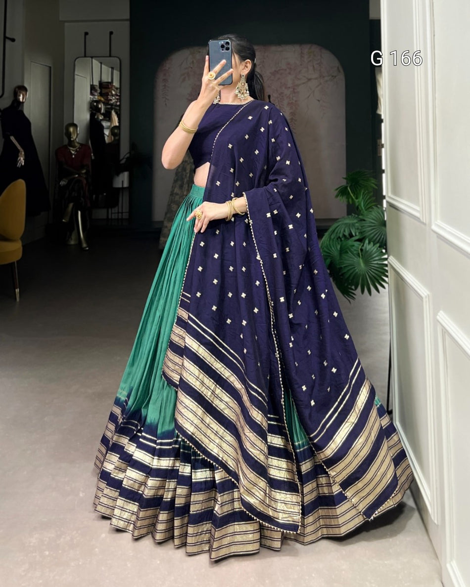 Firozi Pure Chanderi Lehenga with Zari Weaving & Lace Touch-Up Dupatta - G 166 Firozi