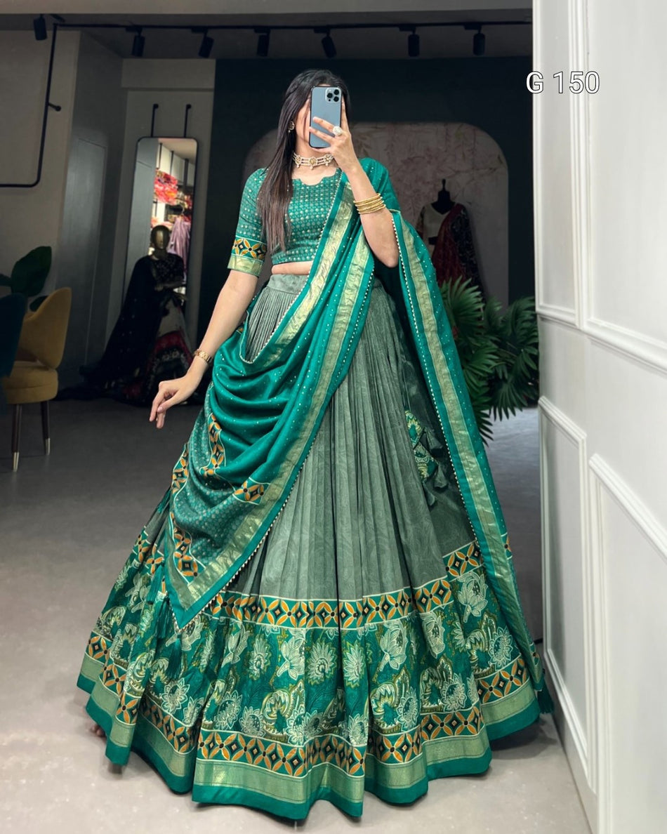 Sea Green Tussar Silk Lehenga with Floral & Foil Print – Elegant Bridal Lehenga Set-G 150 Sea green