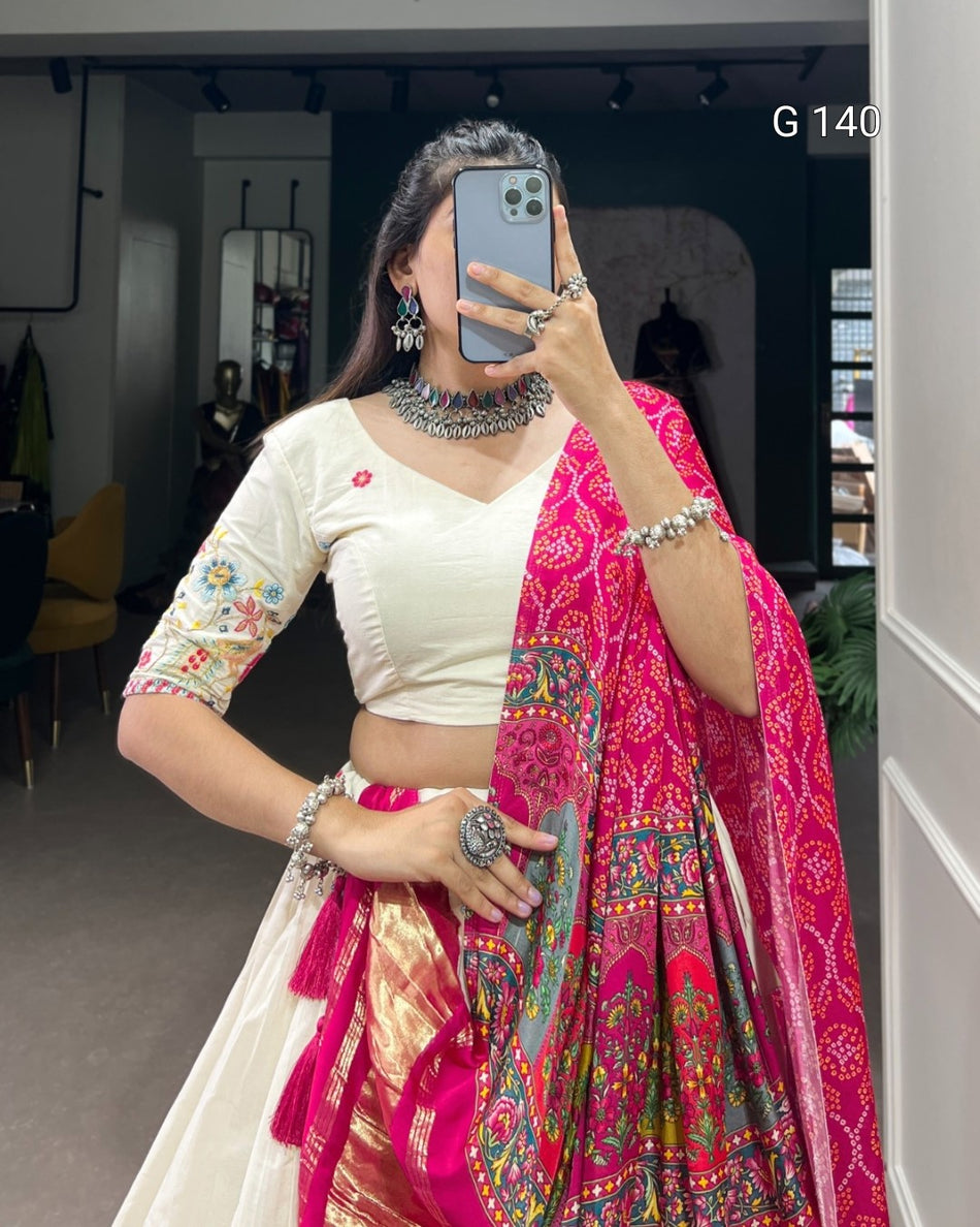 Floral Khadi Cotton Lehenga with Sequins & Thread Embroidery Work and Tassel Dupatta-G 140 Flower