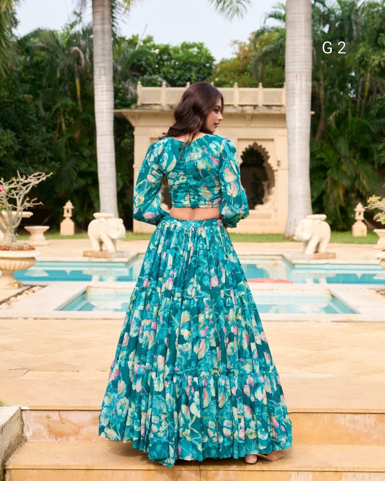 Floral Print Georgette Chex Lehenga – Stitched - G 2 Teal