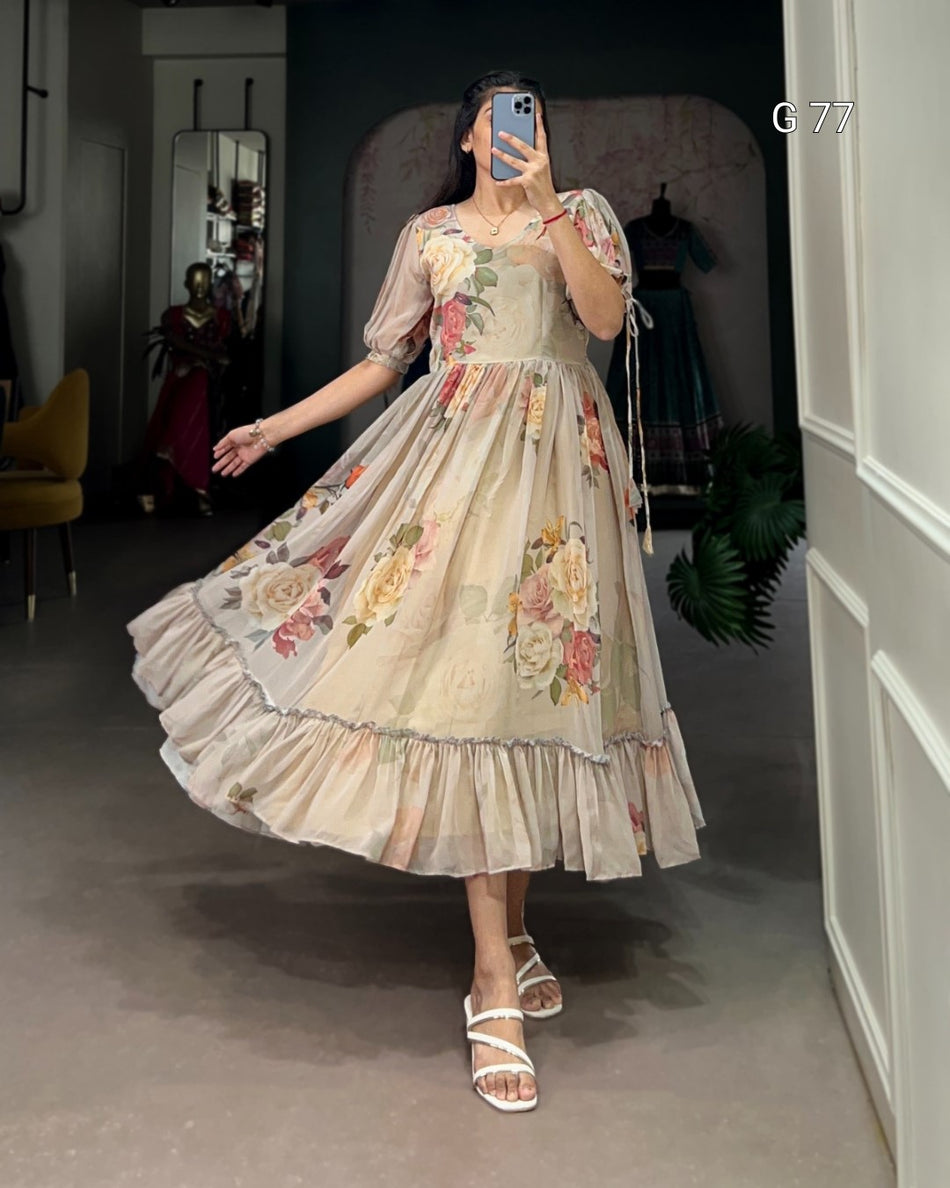Floral Printed Georgette Frock – G 77 Off White