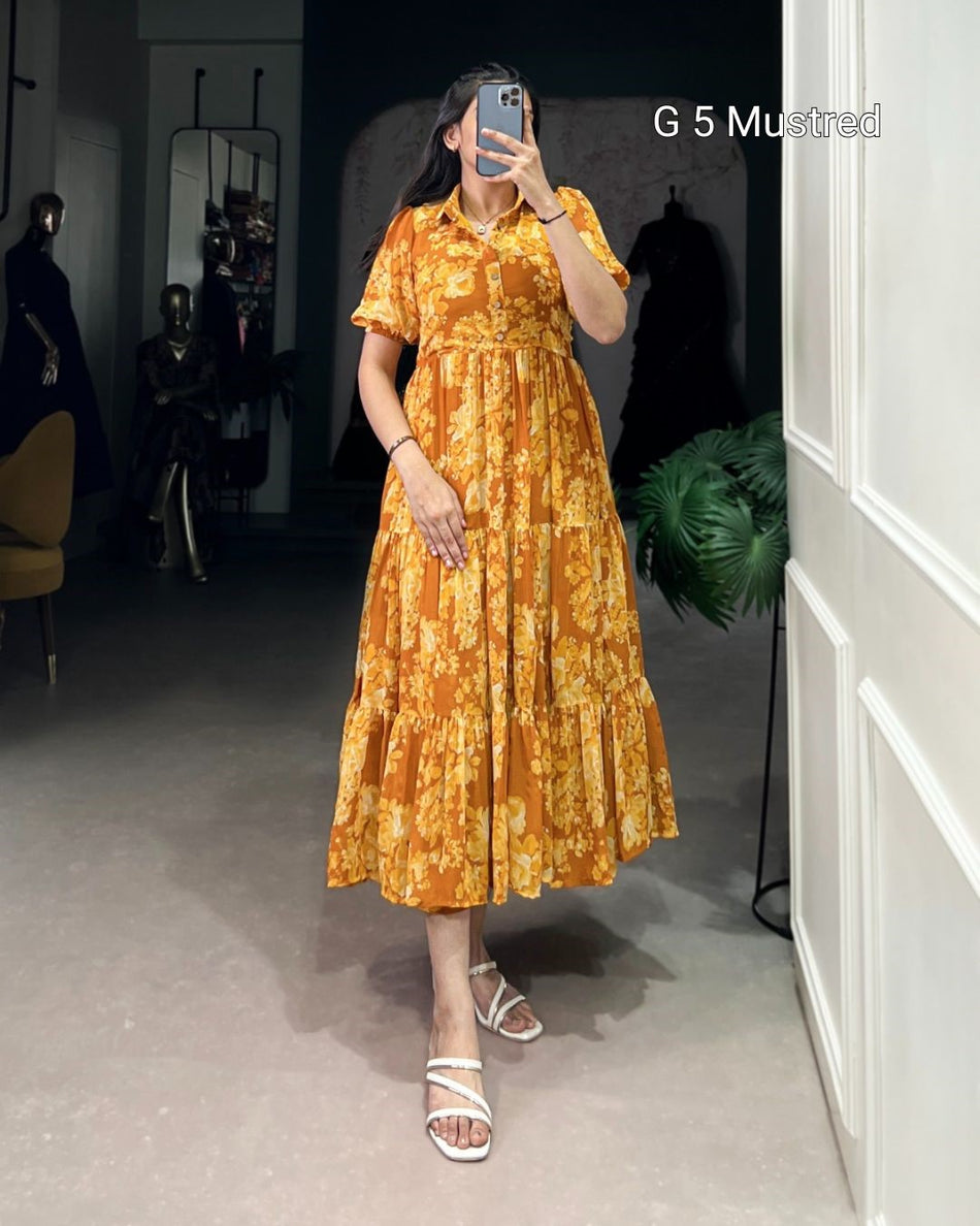 Mustard Georgette Floral Print Frock with Adjustable Waist – G 5 Mustred
