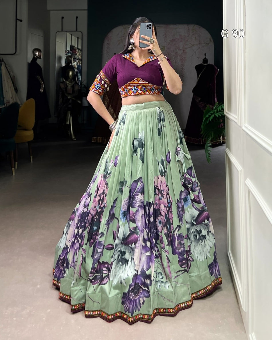 Tasar Silk Lehenga with Floral Print & Paper Mirror Lace Touch Up – G 90 Pista