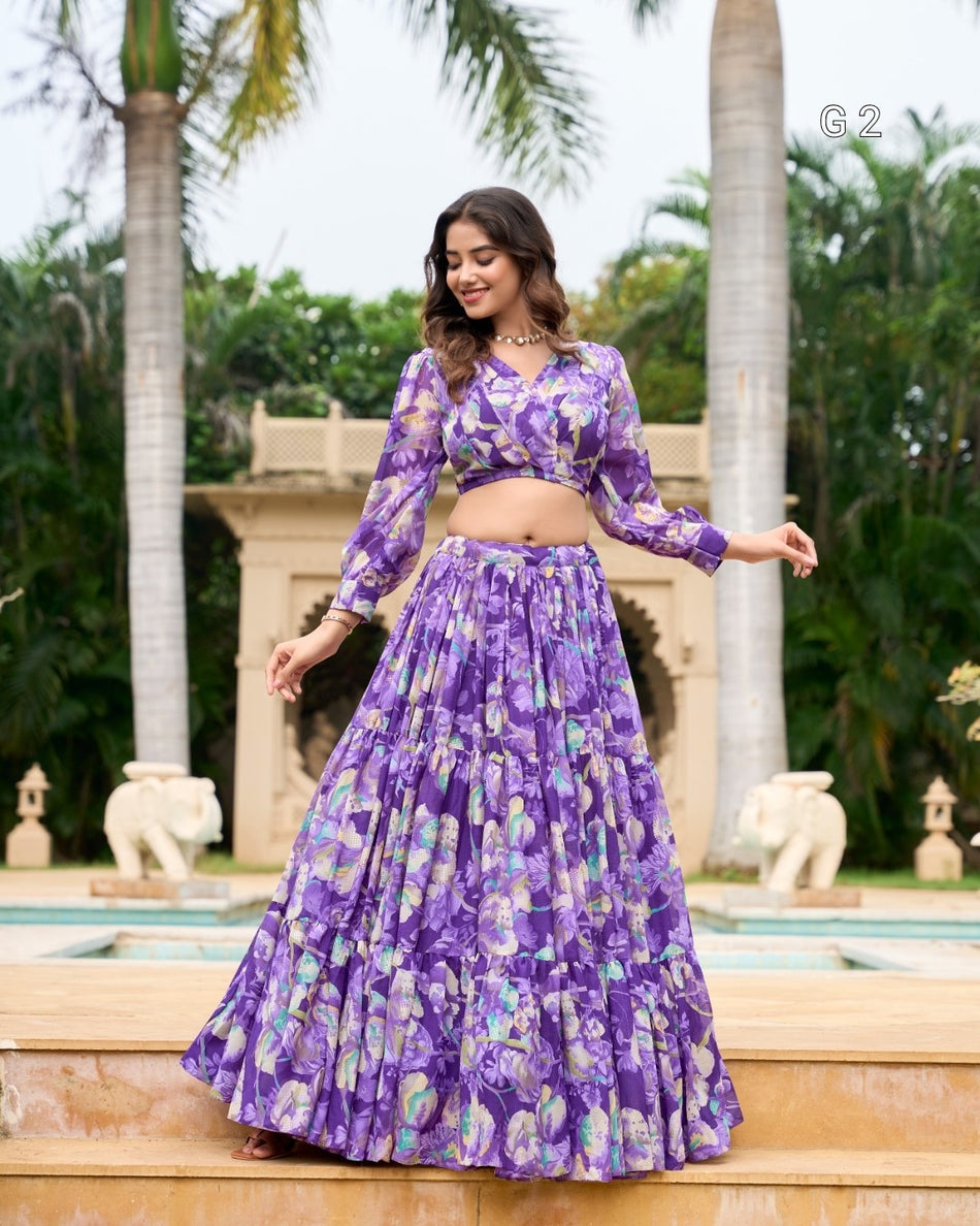 Purple Floral Print Georgette Lehenga with Stitched Blouse – G 2 Purple
