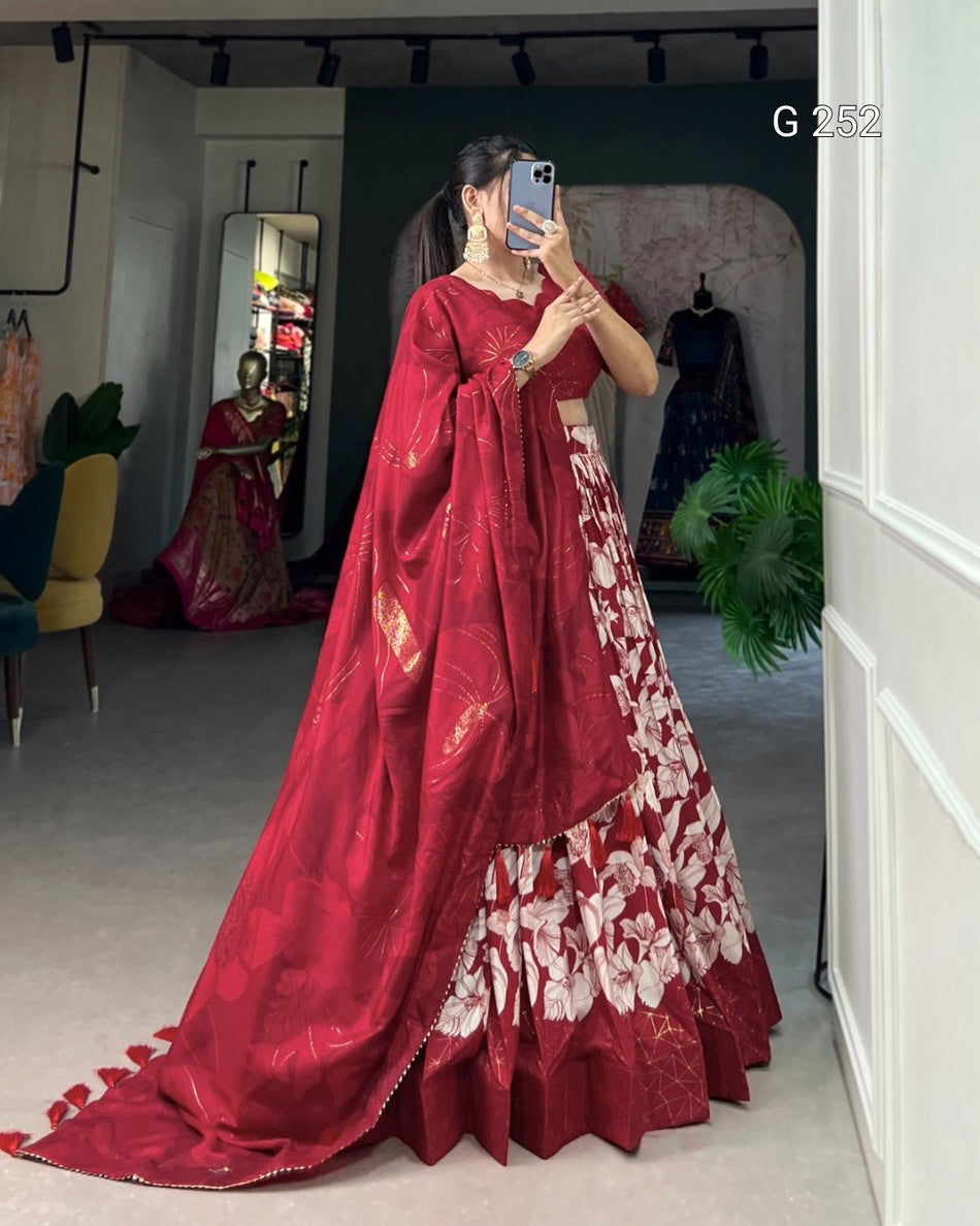 Floral Print Tussar Silk Lehenga with Foil Print – G 252 Red