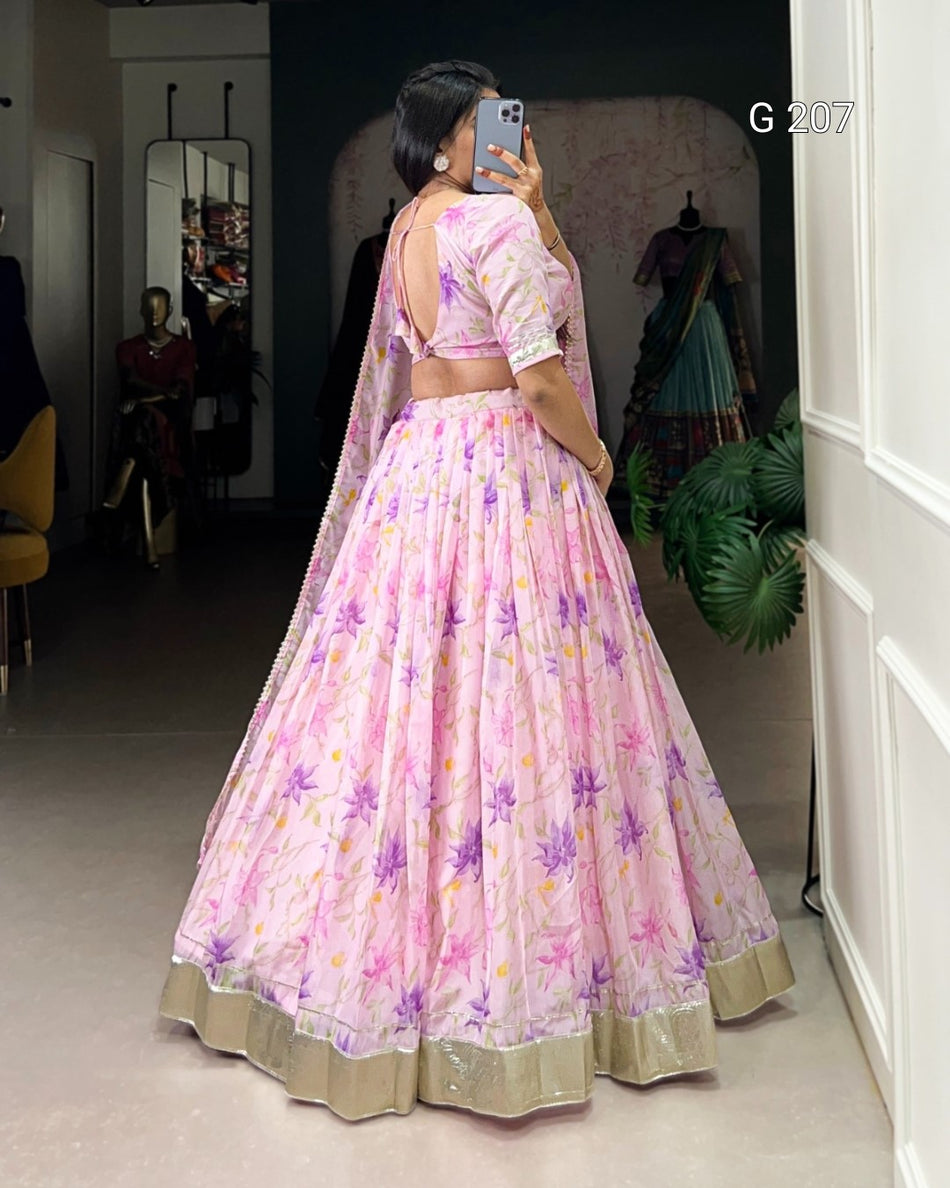 Floral Print Tabby Silk Lehenga with Lace Touch Up – G 207 Baby Pink