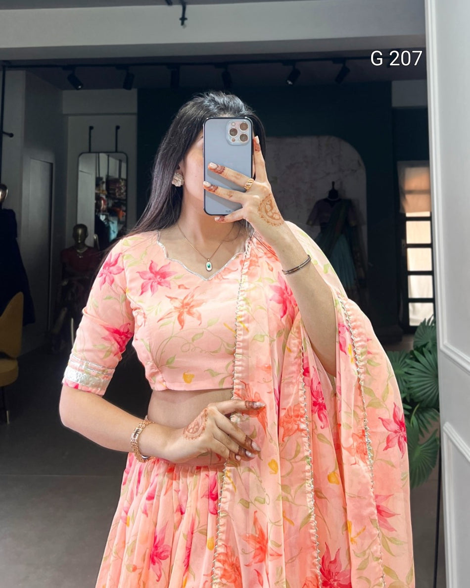 Floral Print Tabby Silk Lehenga with Lace Touch Up – G 207 Peach