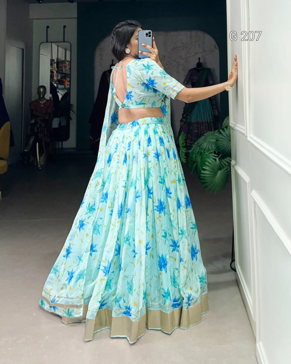 Floral Print Tabby Silk Lehenga with Lace Touch Up – G 207 Pista