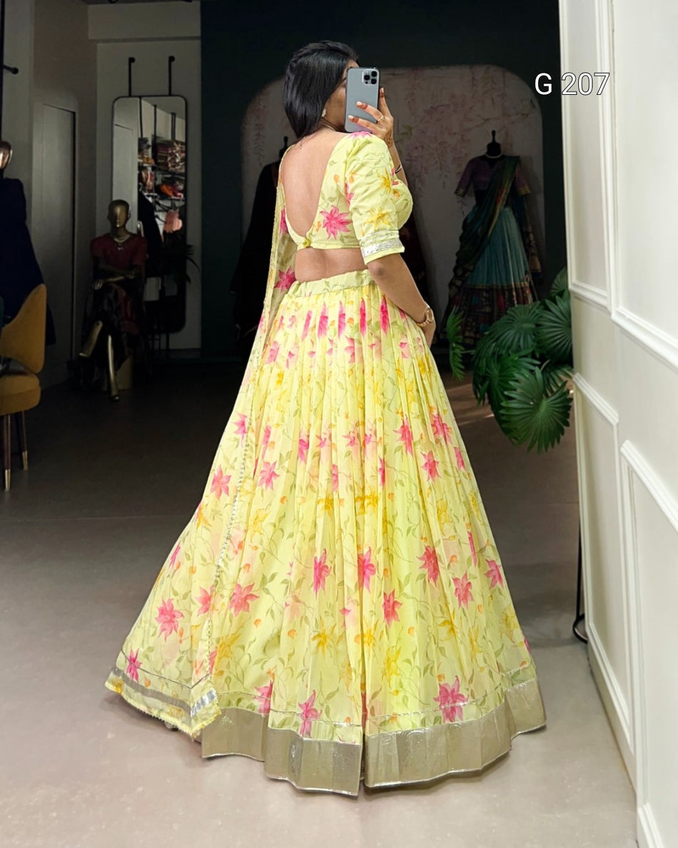 Floral Print Tabby Silk Lehenga with Lace Touch Up – G 207 Yellow