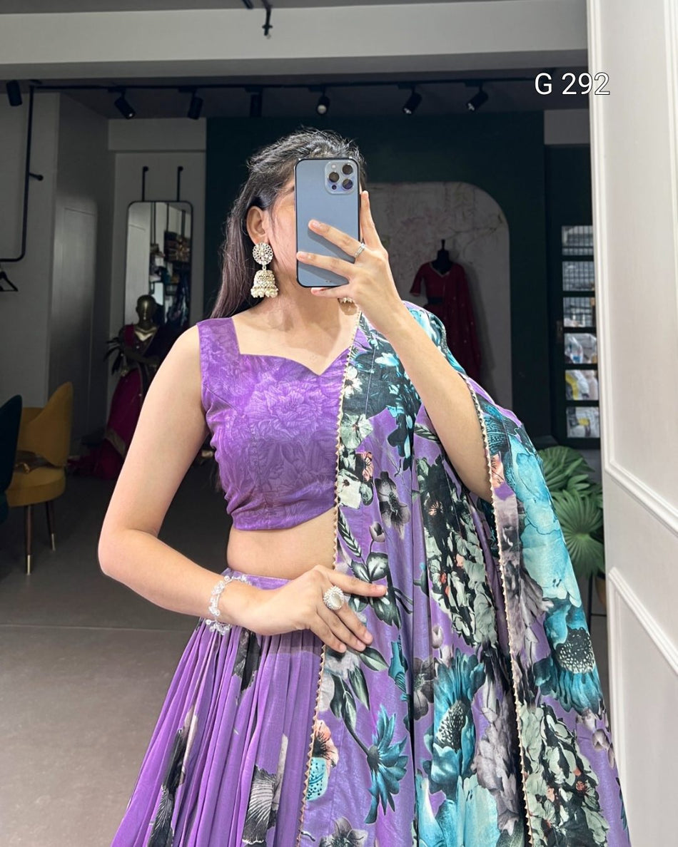 Floral Print Tasar Silk Lehenga with Lace Touch Up & Gotta Patti Dupatta – G 292 Lavender
