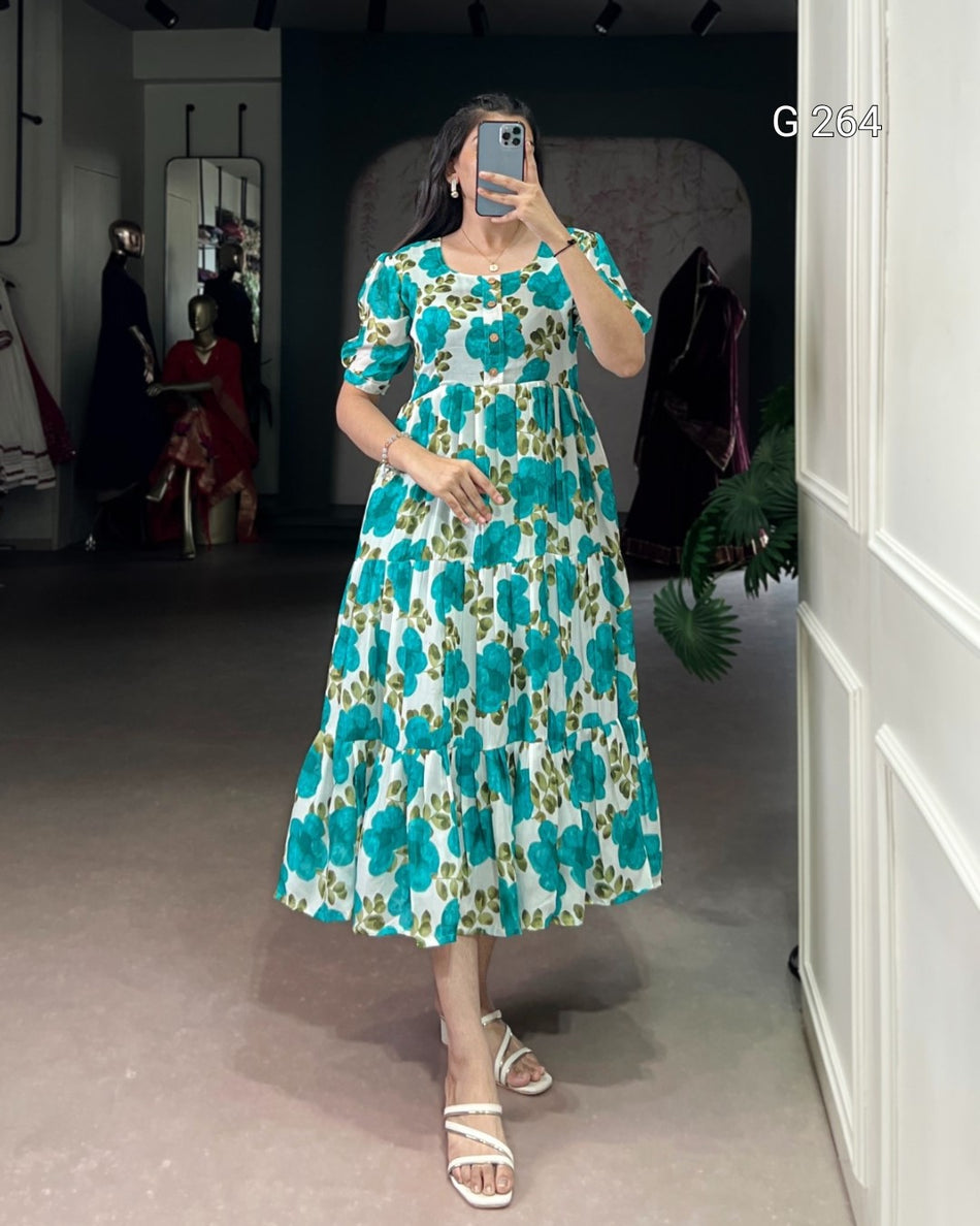 Floral Print Vichitra Silk Frock – G 264 Firozi