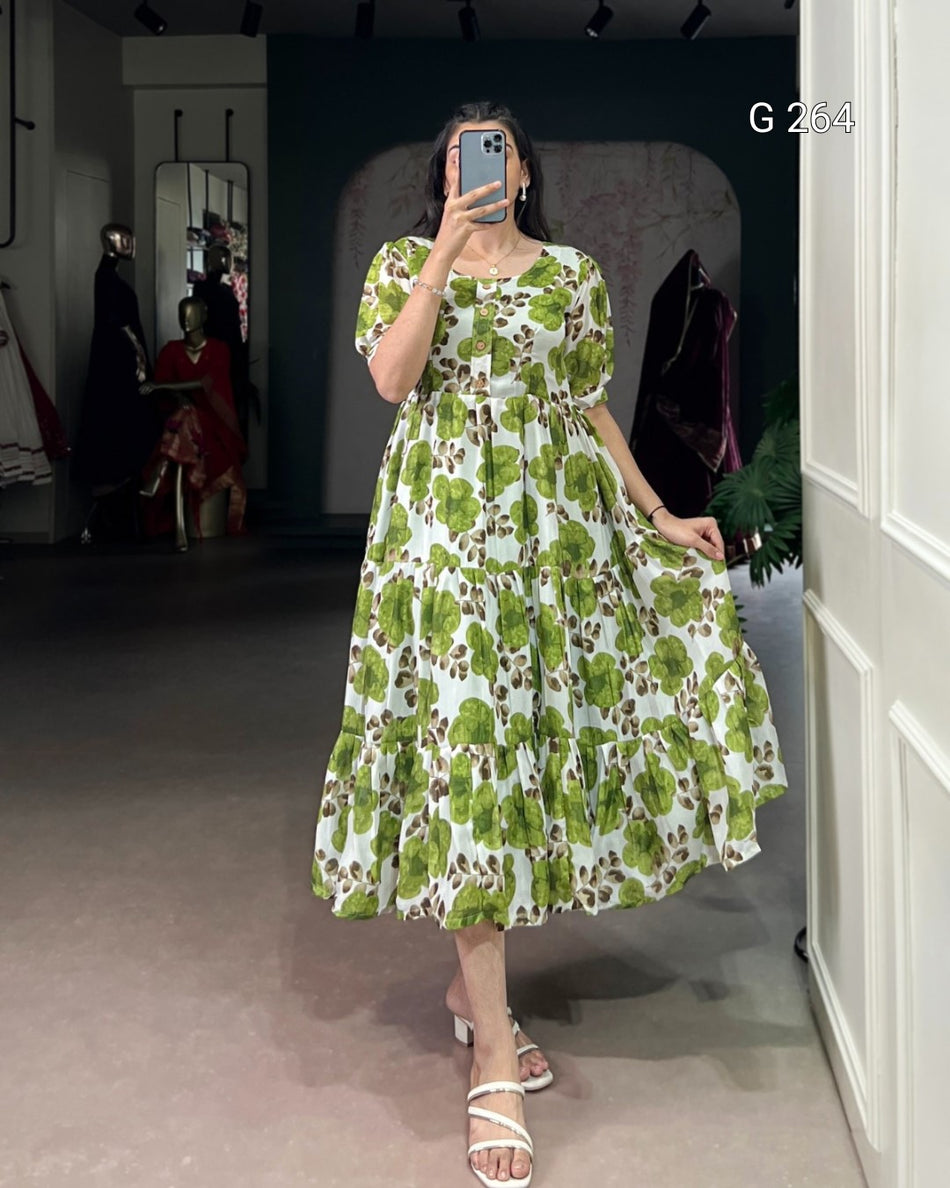 Floral Print Vichitra Silk Frock – G 264 Mehendi
