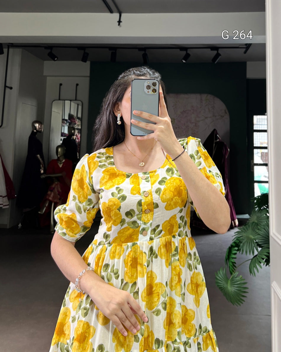 Floral Print Vichitra Silk Frock – G 264 Mustard