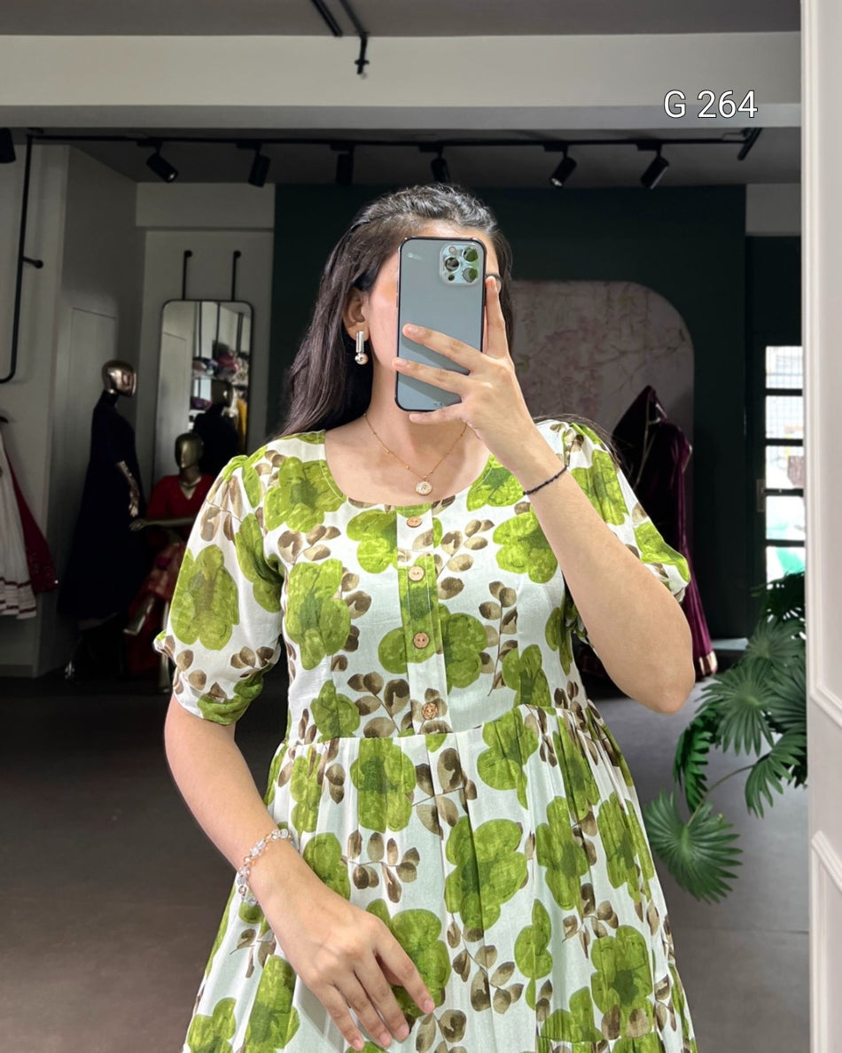 Floral Print Vichitra Silk Frock – G 264 Mehendi