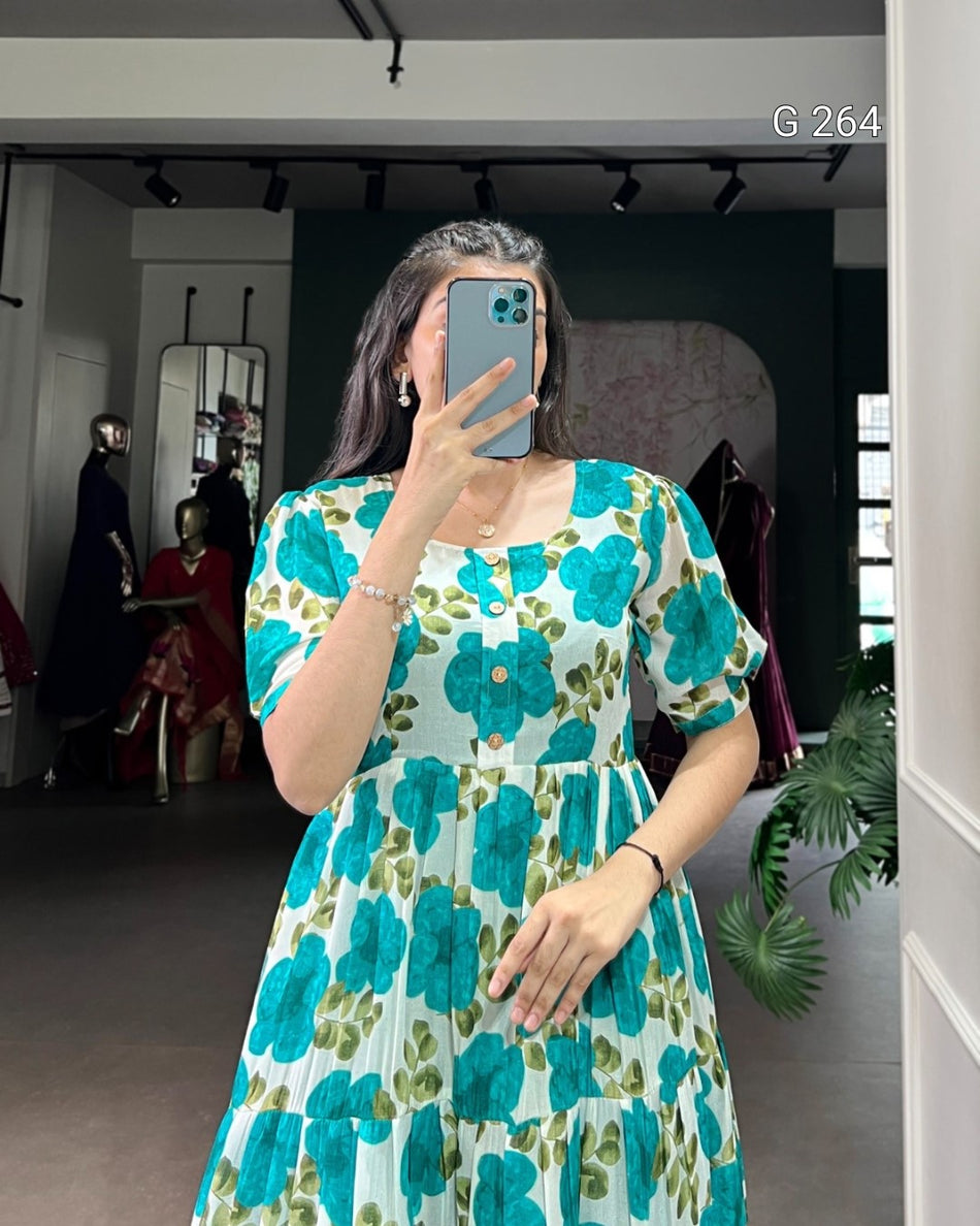 Floral Print Vichitra Silk Frock – G 264 Firozi