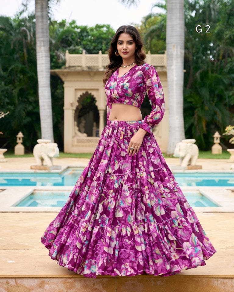 Wine Floral Print Georgette Lehenga with Stitched Blouse – G 2 Wine