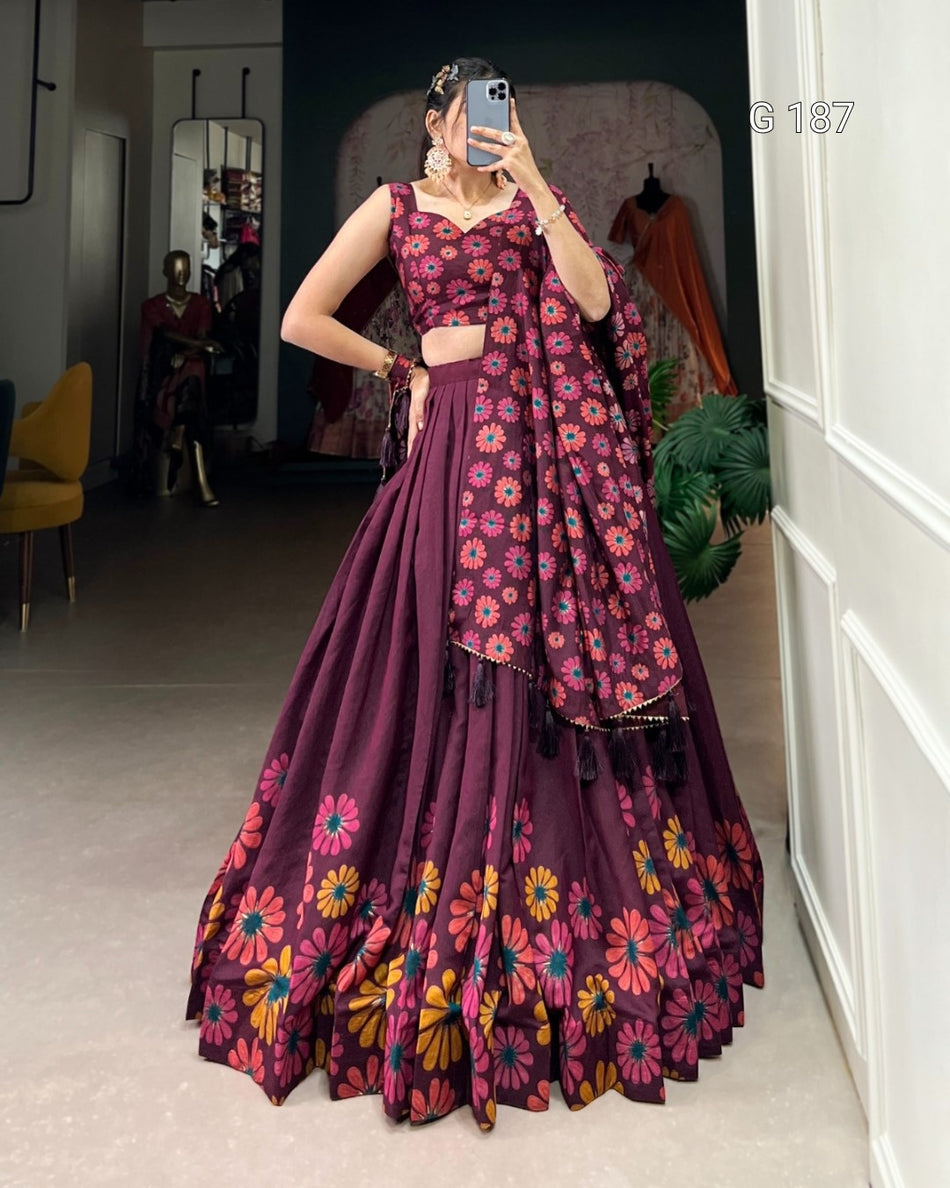 Wine Tasar Silk Lehenga with Floral Print & Foil Work – G 187 Wine