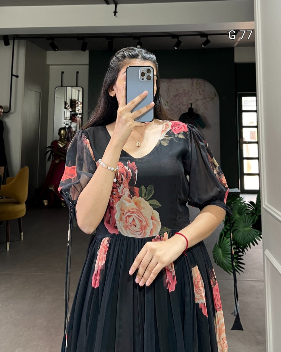 Floral Printed Georgette Frock – G 77 Black