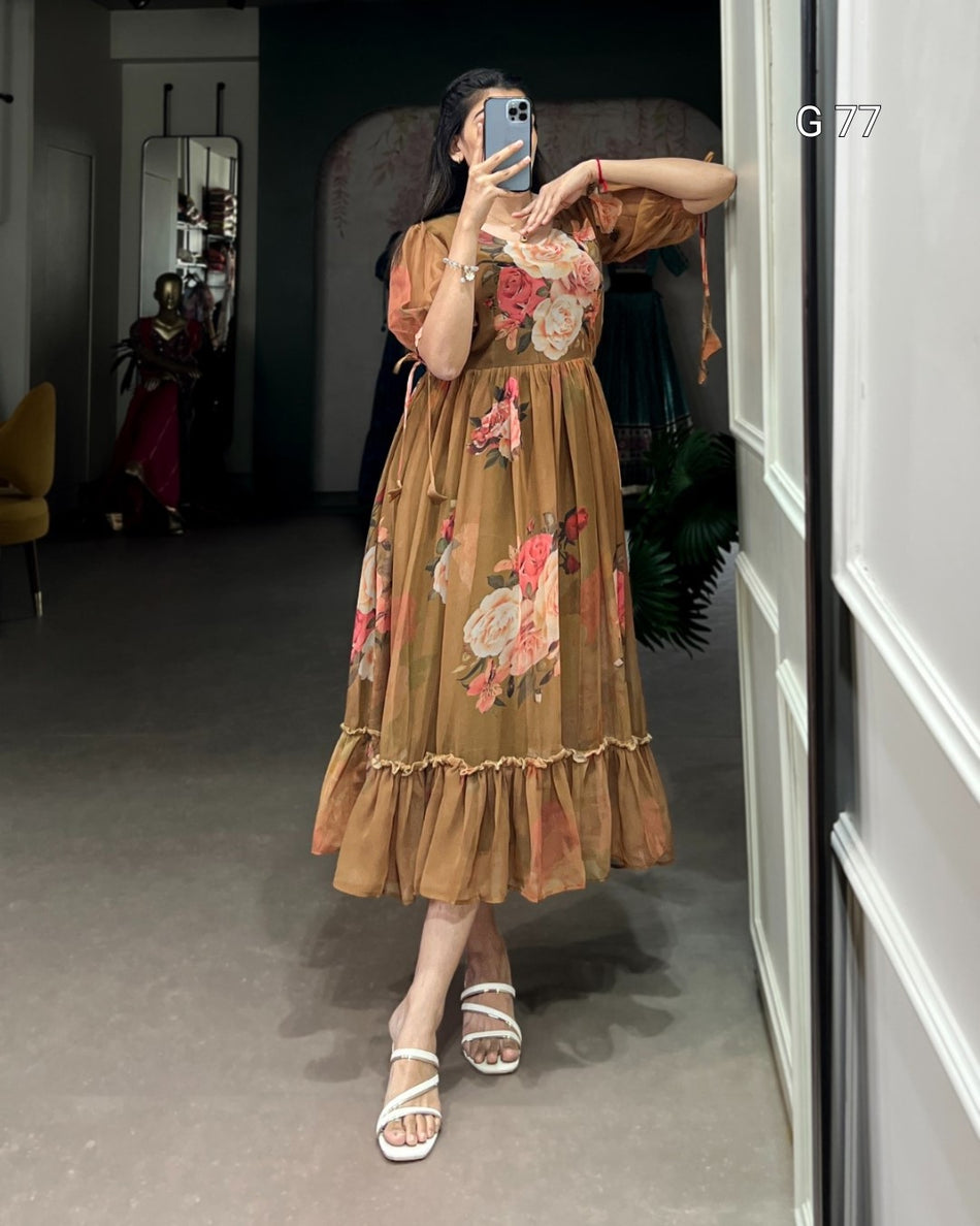 Floral Printed Georgette Frock – G 77 Brown