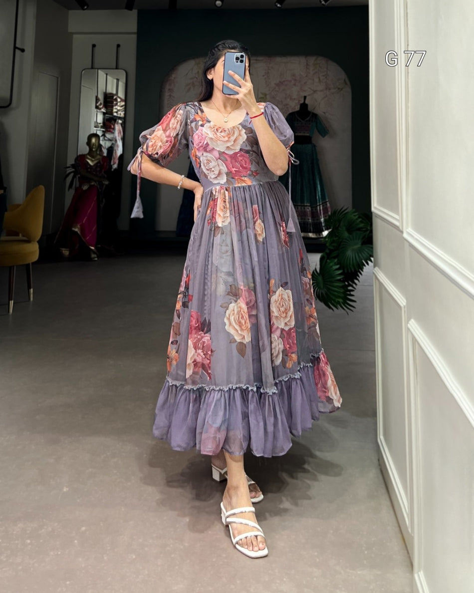 Floral Printed Georgette Frock – G 77 Gray