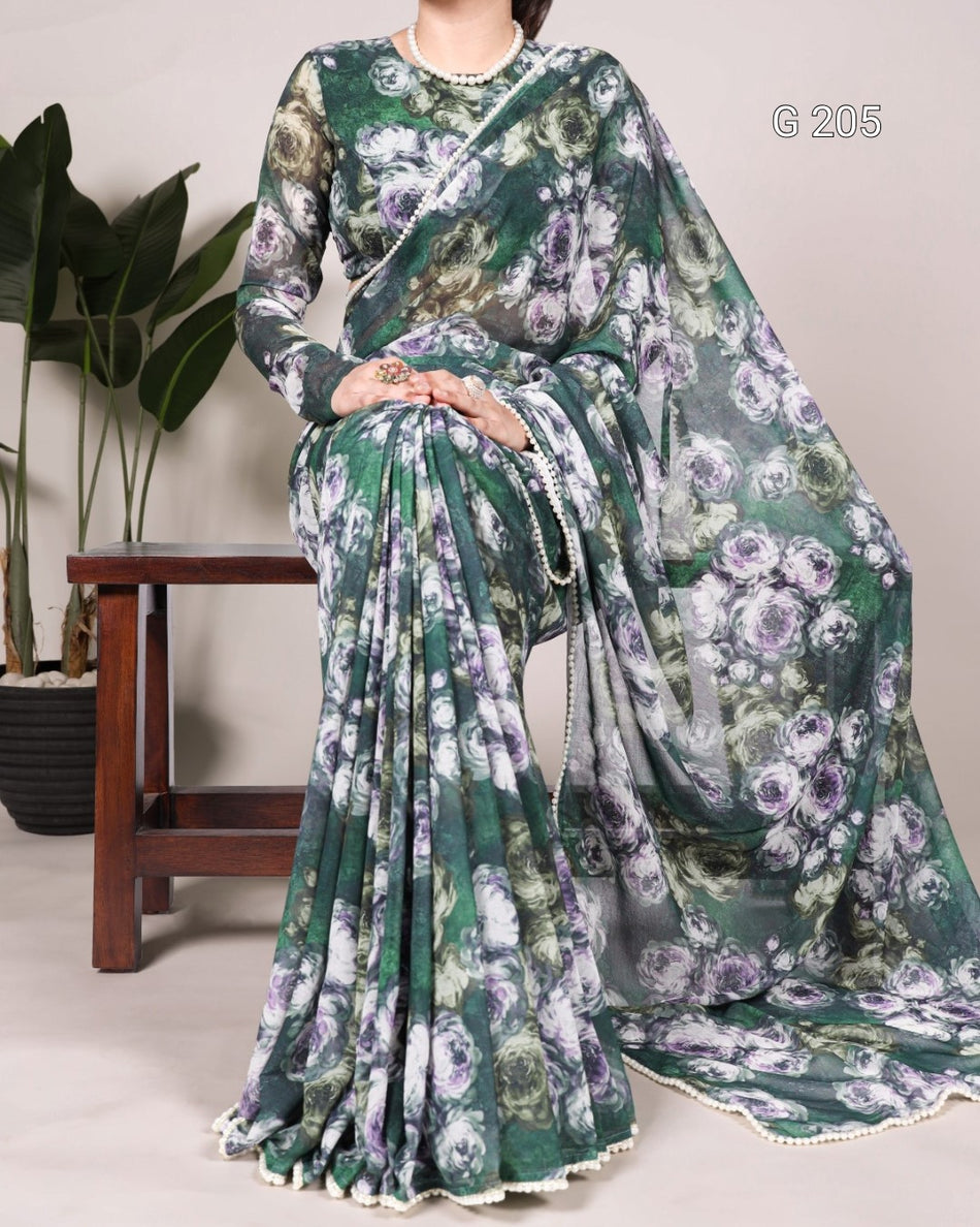 Floral Printed Weightless Marble Saree with Pearl Lace Border – G 205