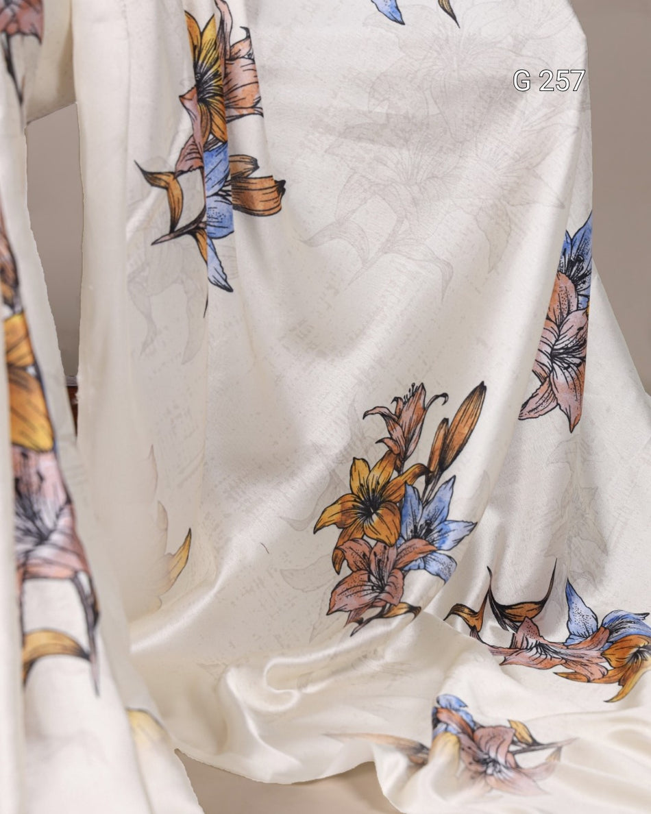 Floral Printed Satin Silk Saree – G 257 Off White