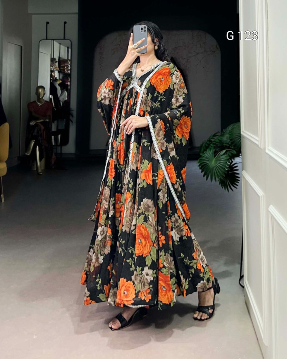 Floral Printed Georgette Gown with Peper Mirror Lace Touch Up – G 123 Orange