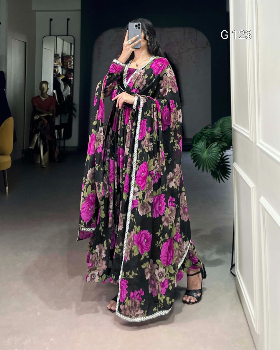 Floral Printed Georgette Gown with Peper Mirror Lace Touch Up – G 123 Pink