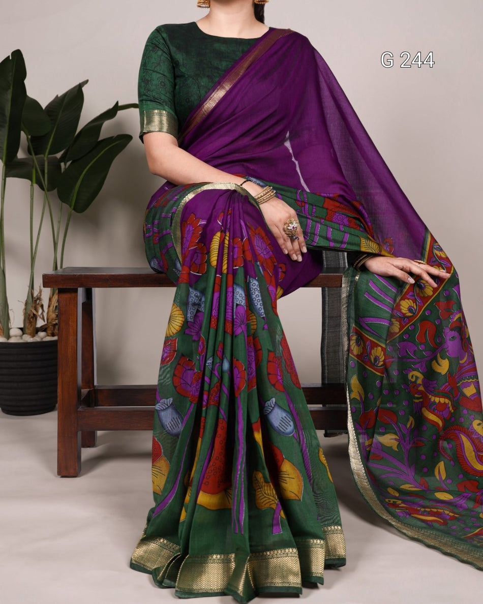 Traditional Floral Printed Polyester Viscose Chanderi Saree with Zari Weaving – G 244 Purple