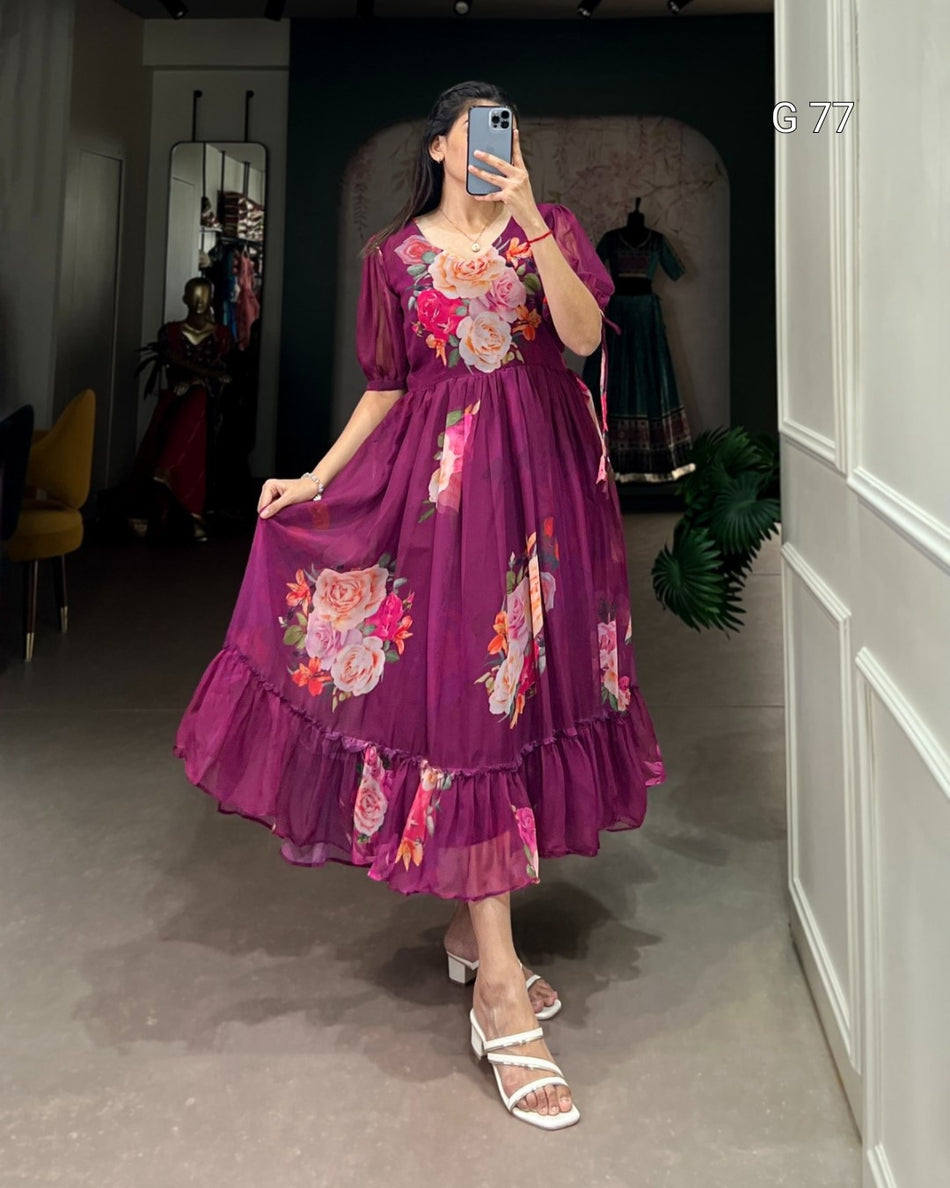 Floral Printed Georgette Frock – G 77 Purple